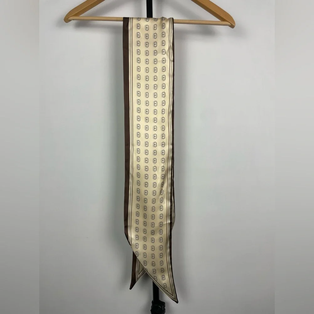 Brown Cream Thin Ribbon Printed Angled Hem Rectangle‎ Scarf